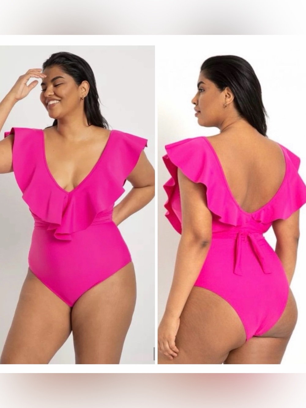 NWT Eloquii Hot Pink Fuschia Ruffle Deep V One Piece Tie Waist Swimsuit